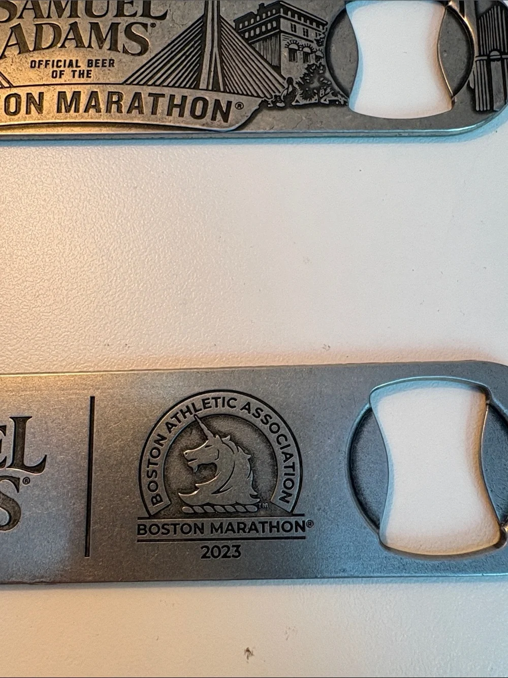 Two Samuel Adams Boston Marathon Metal Bottle Openers - Silver